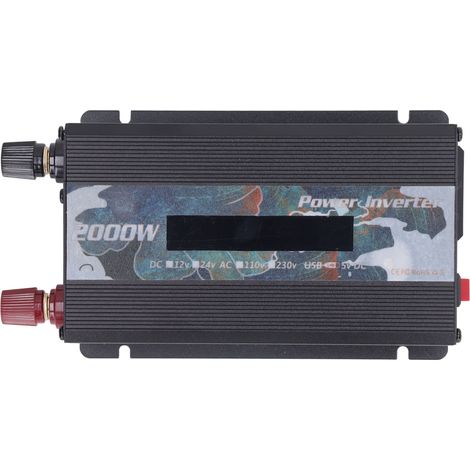Onduleur solaire 2000W extérieur pour voiture, convertisseur DC 12V/24V vers AC 110V, onde sinusoïdale corrigée, port USB 2.0A, ventilateur de refroidissement et écran LCD, noir, 24V (1/5)