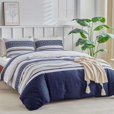 Housse de Couette 220x240 avec 2 Taies d'oreiller 65x65 cm - Design Bohémien - Parure de lit 220x240 Adulte - 100% Microfibre Housse Couette avec Fermetures éclair, Bleu Rayures (1/5)