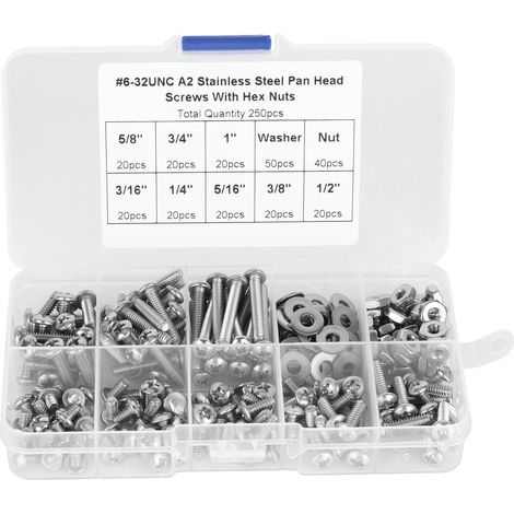 304 Stainless Steel Screws Cross Pan Head Screws with Hex Nuts Washers Screw Kit250pcs 6-32UNC