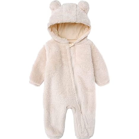 Combinaison bébé à capuche en polaire, grenouillère à manches longues, tenue d'extérieur (beige et blanc) (1/5)