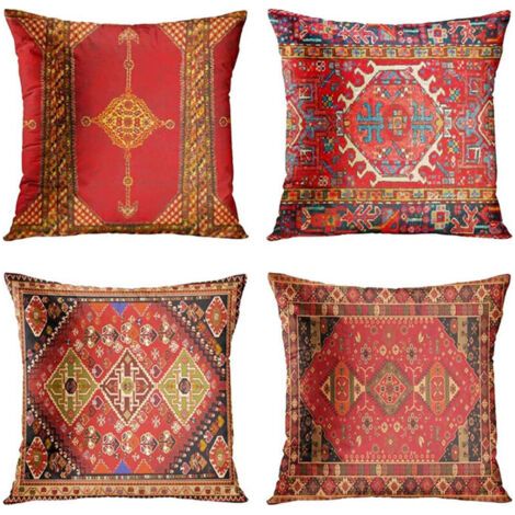 4PCS Housse de Coussin Rouge Orientale Turque - Décoration d'intérieur - Style Tribal Ethnique Persan - pour Salon, canapé, Sofa, 45 x 45 cm