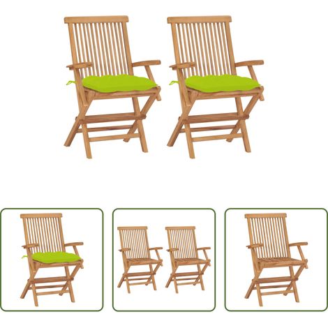 Gartenmöbel - Gartenstühle mit Hellgrünen Kissen 2 Stk. Massivholz Teak