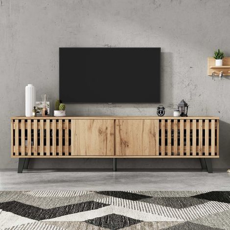 Meuble TV 180 x 40 x 55 cm avec buffet 150 x 40 x 95 cm bois naturel, 8 compartiments et 6 niches, grand rangement. (1/5)