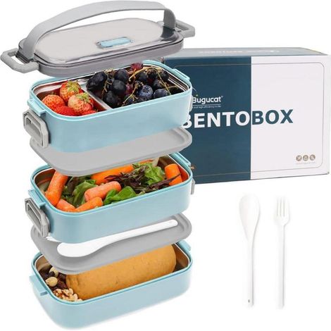 Edelstahl Bento Box 1700ml, auslaufsichere Brotdose mit Fächern und Besteck, blau (1/5)