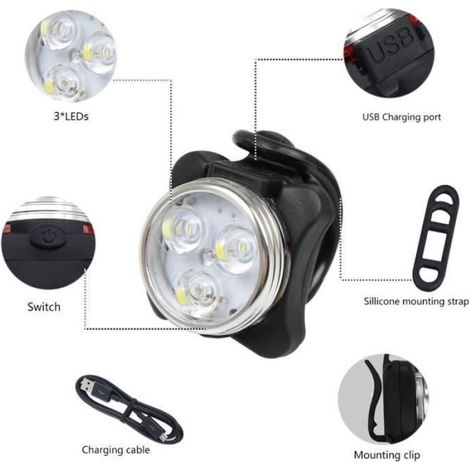 Kit Éclairage Vélo - Phare Avant et Arrière Rechargeable USB - 150 Lm - Aluminium et Plastique - Noir Rouge - 2 Pièces (1/4)