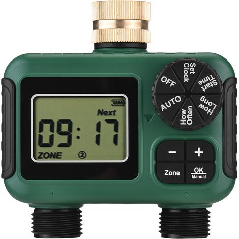 Bewässerungstimer, Messingeinlass, intelligente Regentimerfunktion, 2-Zonen-Gartenschlauch. (1/5)