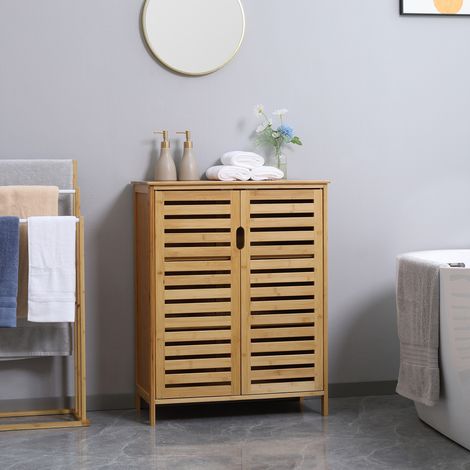 Meuble de salle de bain en bambou, commode sur pied avec portes à double lattes, 68 x 32 x 86 cm, coloris naturel (1/5)
