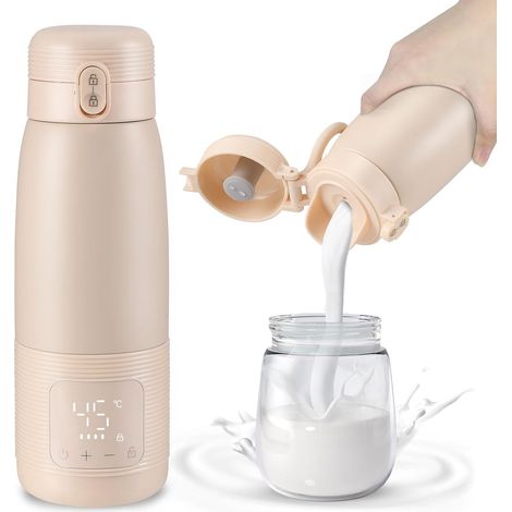 Chauffeur de bouteille portable, Chauffeur de lait portable pour bébé grande capacité 500ML, chauffage rapide et contrôle de température précis, rechargeable, rose