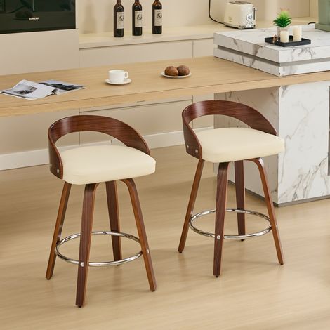 Lot de 2 tabourets de bar pivotants, tabouret de cuisine hauteur d'assise 63cm, chaise de bar en bois et simili cuir, beige (1/5)