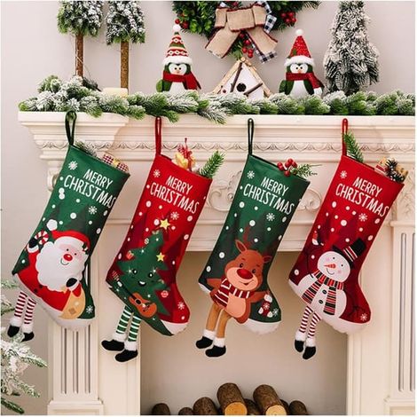 Chaussettes de Noël, décorations de cheminée à suspendre, cadeaux de Noël en famille (4 pièces) (1/5)