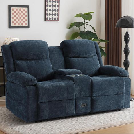 Zweisitziges Relaxsofa mit Mittelkonsole, Stoffbezug, manueller Liegefunktion, blau (1/5)