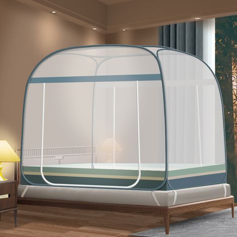 Moustiquaire pliable enfant 180x200 cm, ciel de lit respirant, double porte, pour lits simples/doubles,Vert rayé-Karteo (1/4)