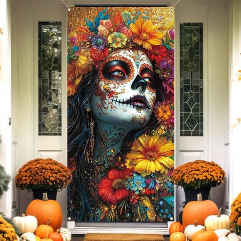 Rideau/drapeau de porte pour la Toussaint, orné de crânes et de fleurs colorés - Décoration mexicaine - 90 x 180 cm (œillets + ruban) - Style 7
