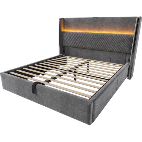 Cama canapé hidráulica 160x200 cm con cabecero alto LED, USB Tipo-C, gris, con colchón (1/5)