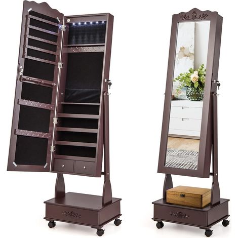 COSTWAY Armadio per Gioielli da Terra con LED, Serratura, 4 Ruote e Specchio a Figura Intera, Angolo Regolabile in 3 Posizioni, per Soggiorno, Camera da Letto (Marrone)