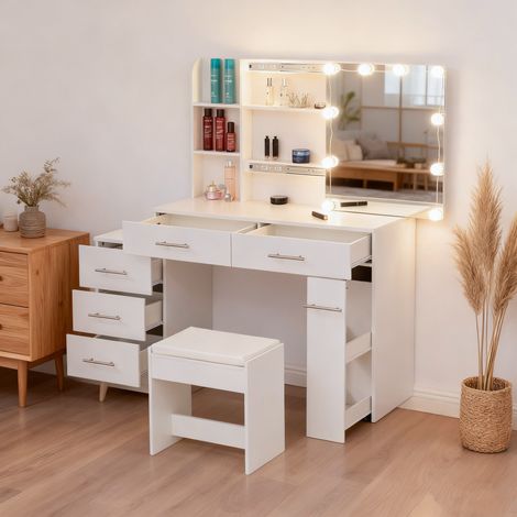 Toeletta con sgabello e specchio - 10 lampadine, 3 temperature di colore, 5 cassetti, ripiani regolabili, MDF, 100×40×136cm, bianco (1/5)