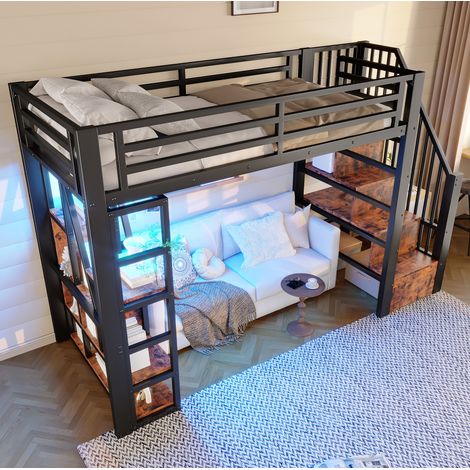 Letto a Soppalco 90x200 cm con Struttura Metallo e MDF LED Nero (1/5)