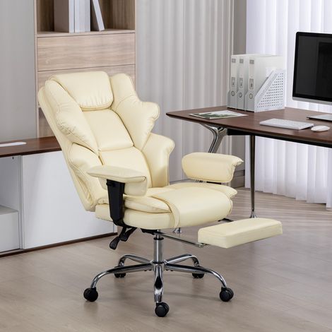 Chaise de bureau avec repose-pieds et appui-tête. Cuir PU, mousse et métal. 76 x 73 x 117-125 cm. Blanc crème