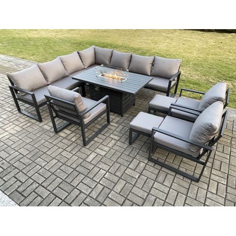 Fimous Aluminium 12 Seater Garden Furniture Outdoor Set Patio Lounge Sofa Gas Fire Pit Dining Table Set with 3 Chairs 2 Small Footstools Dark Grey (1/5)