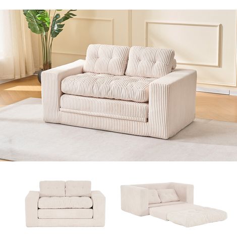 Divano letto 2 posti 140 x 85 x 54 cm beige, trasformabile in letto, tessuto a coste (1/5)