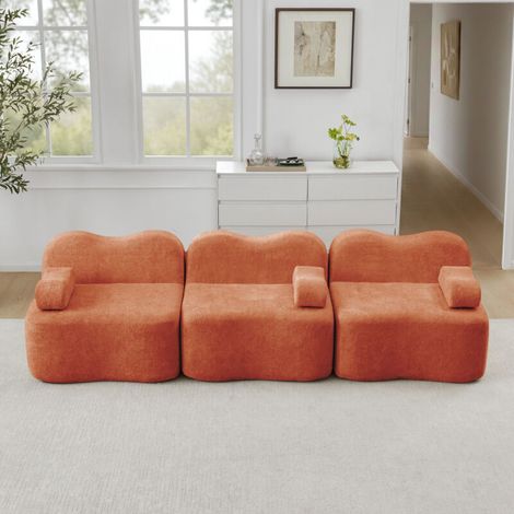 Canapé droit 3 Places Modulaire, Canapé en Mousse Haute Densité 32D - Design en Vague et Assise Profonde - Orange, Idéal Salon