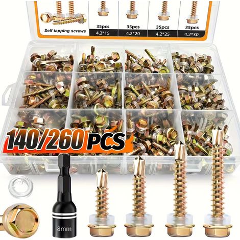 Coffret de visserie 260 pièces – Assortiment de vis autoperceuses et autotaraudeuses pour tôle, tête hexagonale avec collerette, acier carbone zingué, formats 4,2 x 15 à 30 mm avec douille 8 mm (1/3)