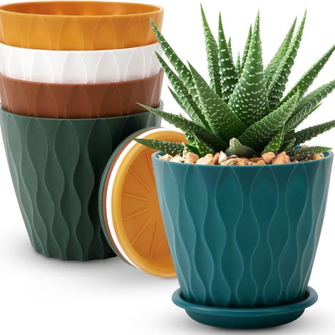 APEX Lot de 5 pots de fleurs d'intérieur à rayures, en plastique, avec trous de drainage et soucoupe, 15 cm de diamètre (multicolore). (1/5)
