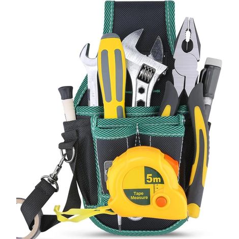 Sacoche à outils ceinture, boîte de rangement pour outils et petites pièces, sac à outils à 9 poches avec porte-ruban adhésif (14x7x25 cm) (1/5)