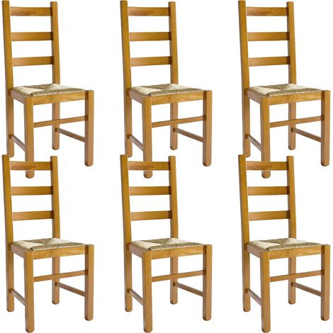 Altobuy – Lot de 6 chaises en hêtre massif teinté chêne – Assises en paille – Dimensions 40x43xH97cm – Hauteur d'assise 47cm (1/3)