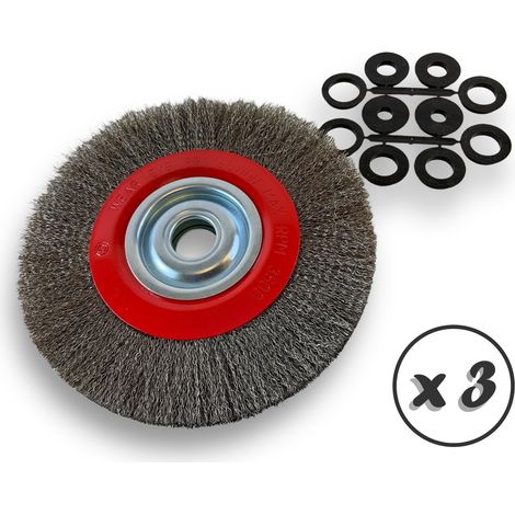 Lot de 3 brosses circulaires INOX Ø 250 mm Epaisseur 2 rangs Fil dur 0.30 mm ondulé Alésage 32 mm + réducteur bague 25/22/20/16/12 mm Touret affûteuse ponceuse Kibros 231252ITx3