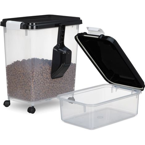 Relaxdays Scatola per Crocchette Cane, Set 2 Contenitori Cibo Animali, 10L e 30L, Rotelle e Paletta, Trasparente Nero (1/5)