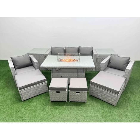 Fimous 9 Seat PE Rattan Lounge Sofa Set Outdoor Garden Furniture Set with Firepit Dining Table 3 Seater Sofa 4 Footstools 2 Side Tables Light Grey (1/5)