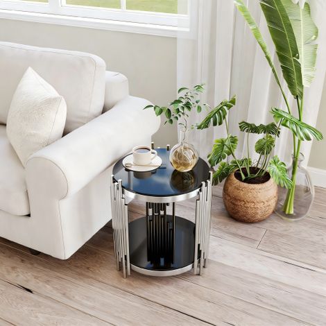 Table d'appoint ronde moderne en verre pour le salon — Table d'appoint ronde noire avec structure en acier inoxydable argenté et plateau en verre trempé de 6 mm — Idéale pour canapés, balcons ou chamb