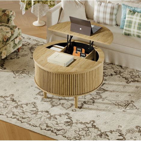 Tavolino rotondo 80x80x50 cm con piano sollevabile idraulicamente e vano contenitore, in truciolato naturale (1/5)
