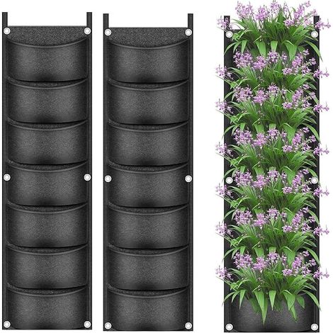 2 Pièces Sacs de Culture de Plantes Suspendus, 7 Poches Jardinière Murale Sac pour Pot de Fleurs Vertical Sacs de Culture Respirants en Tissu Non Tissé pour Cour Jardin Maison Décoration (Noir) (1/5)