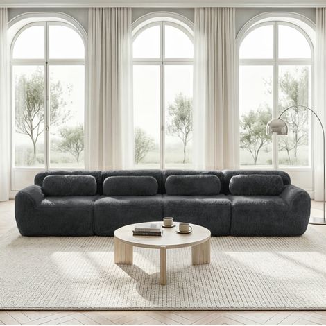 4-Sitzer-Sofa aus Premium-Plüsch, rutschfeste Basis, mit Kissen, Grau HAVRYA (1/5)