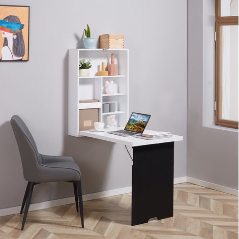 Bureau mural rabattable 60 x 94,5 x 147 cm MDF blanc et noir gain de place - CHICFURN (1/5)