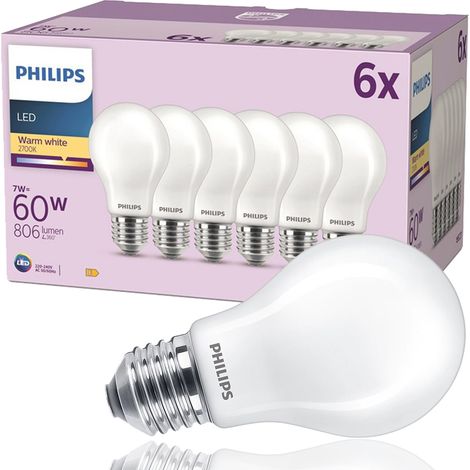 Philips – Ampoule LED E27 forme de poire 7 W = 60 W blanc chaud – Durée de vie 15000 h – Flux lumineux 806 lm – Lot de 6 (1/7)