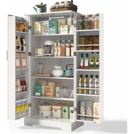 Kuchenschrank mit 2 Turen, 5 Ebenen, Verstellbaren Einlegeboden und LED-Beleuchtung fur Kuche und Esszimmer, aus MDF, 60×35×128 cm, Weiss (1/5)