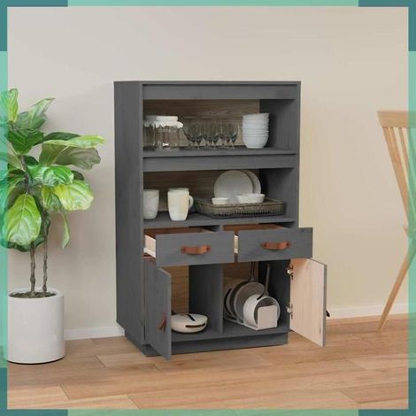 820159 Buffet haut Gris 67x40x108,5 cm Bois massif de pin (1/5)