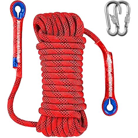 Corde maritime en polyester 10 m x 10 mm – Rouge, résistance à la rupture 1000 kg, double tresse avec 2 mousquetons, pour activités de plein air et camping