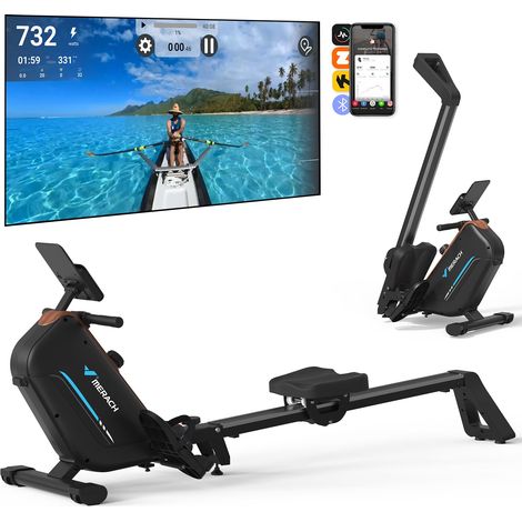 Rameur d'appartement magnétique, 16 Niveaux de Résistance, Bluetooth, App Connectée, Écran LCD, Support Tablette, Pliable, Max Charge 155 kg, MERACH