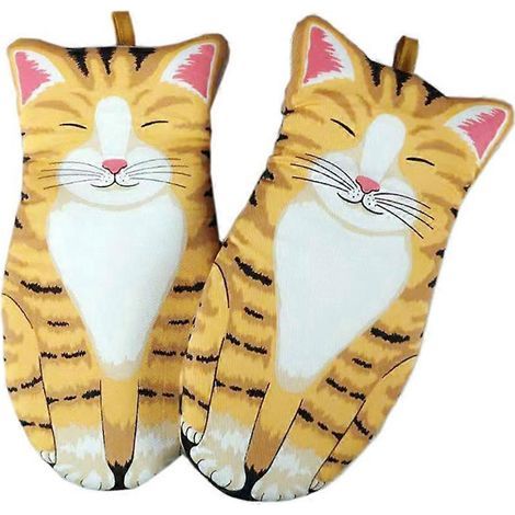 1 paire de gants de cuisine en coton résistant à la chaleur, compatibles micro-ondes, motif chat (jaune)-30.00X13.00X1.00CM-Yellow (1/4)