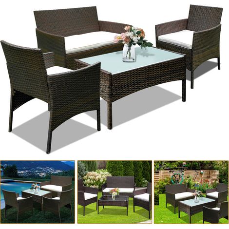 SWANEW Set di mobili da giardino in resina intrecciata marrone - 4 posti - Divano + Poltrona + Tavolo (1/5)