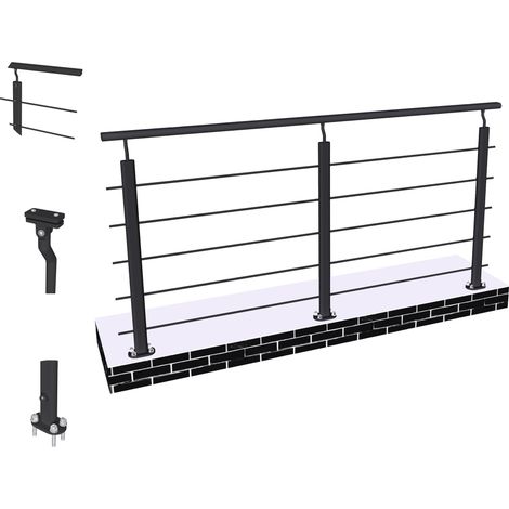 Océan Garde-corps Aluminium Noir 200cm - Rampe d'escalier 200cm - Fixation à plat (5 traverses +1 main courante) - Pour tous espaces
