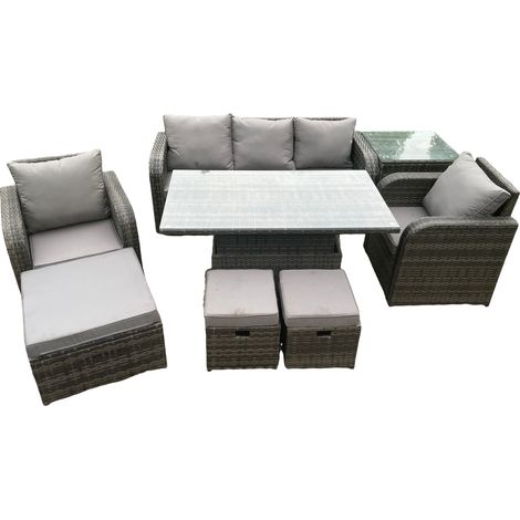 Fimous Meubles d'extérieur en rotin Canapé Jardin Salle à manger Set Hauteur réglable Table élévatrice Set de chaises avec table d'appoint 3 repose-pieds (1/5)