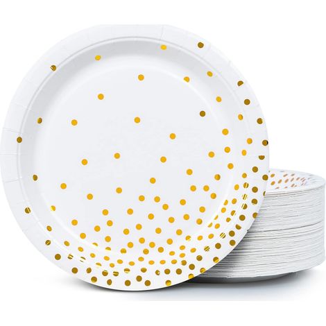 Lot de 100 assiettes jetables en papier blanc et doré à pois en aluminium 22,86 cm (1/5)