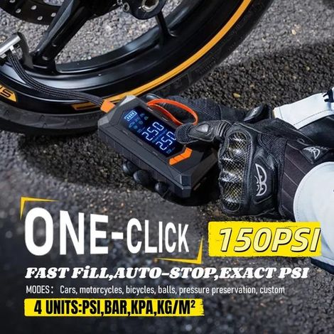 Bomba de aire portátil con doble pantalla,compresor de aire inteligente de 150 PSI para coches,bicicletas y balones,batería de 6000 mAh,luz LED (1/5)