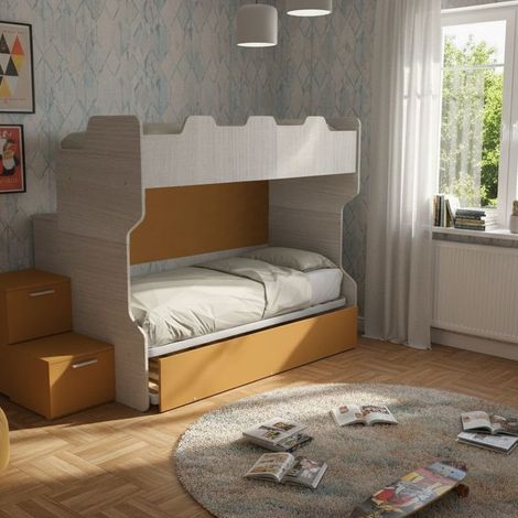 Letto a castello salvaspazio con scala a cassettoni e camminatoio - Rovere rock