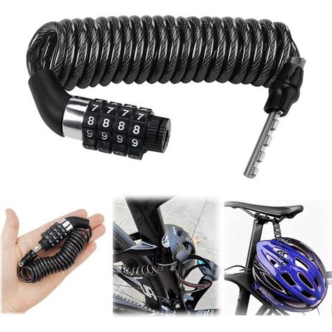 Candado de cable con combinación, 4 piezas: seguro y compacto, apto para bicicletas y cascos. (1/5)
